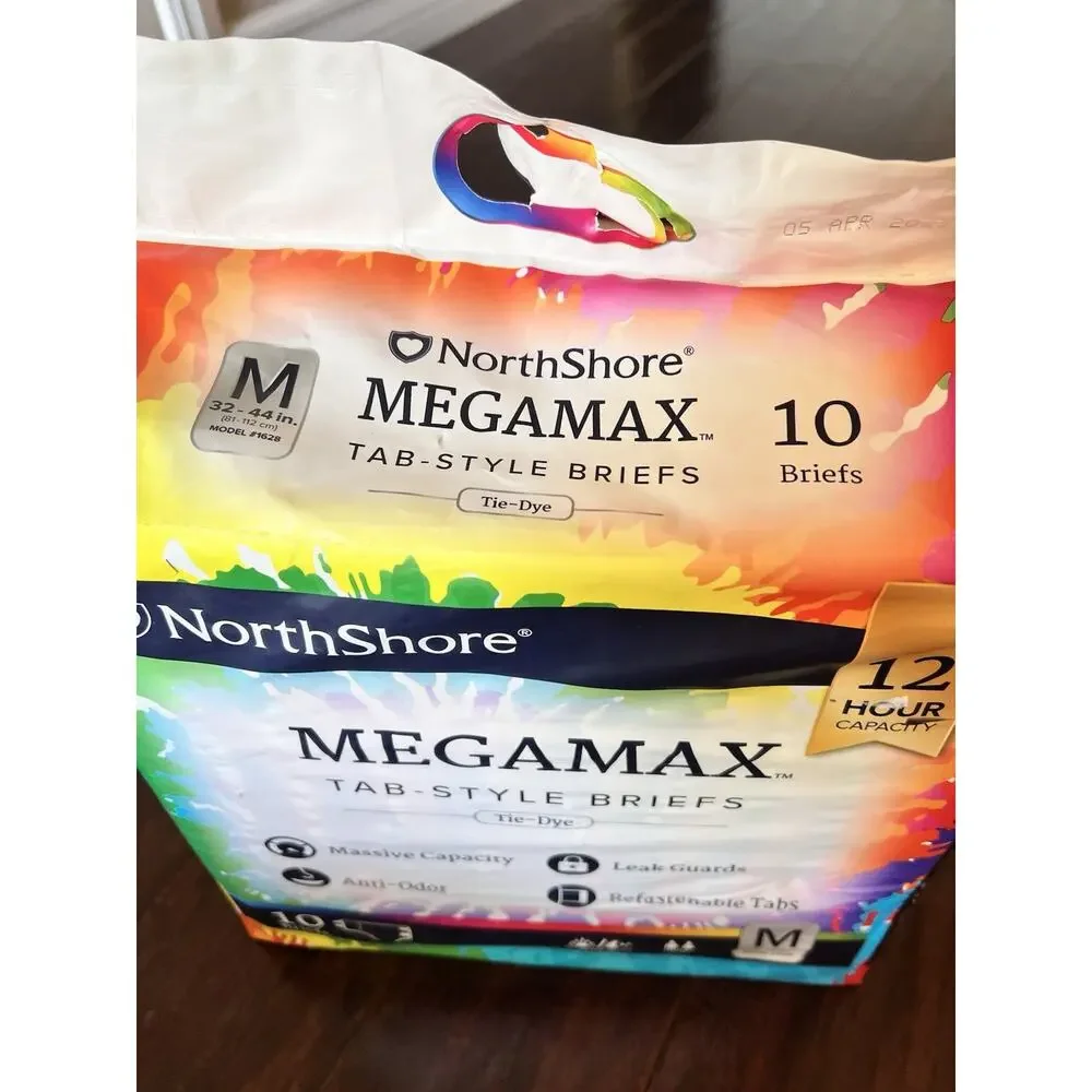 NorthShore MEGAMAX TAB-STYLE BRIEFS Tie-Dye 10 Adult Diapers Sz M 32-44in 12 Hrs